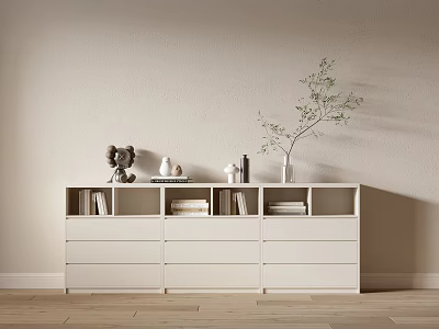Minimalist White Entryway Cabinet Sideboard with Drawers Open Shelves and Decorative Plants Books 3d model