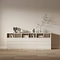 Minimalist White Entryway Cabinet Sideboard with Drawers Open Shelves and Decorative Plants Books