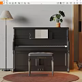 Black Yamaha Piano With Sheet Music Stool Floor Lamp And Green Plant Against Gray Wall