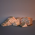 Rustic Stone Wall Background With Stacked Wood Logs And Wooden Racks