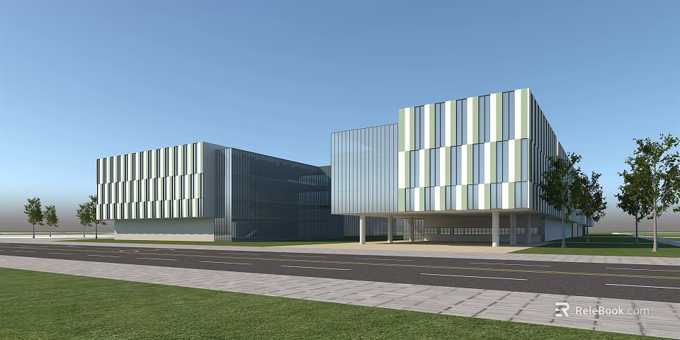 Modern School Buildings Featuring Glass Facade Colorful Stripes Lawn And Road Frontage 3d model 