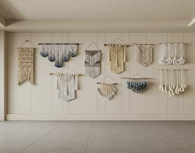 Various Styles Macrame Wall Hangings Hanging On Light Colored Wall Decorative 3d model