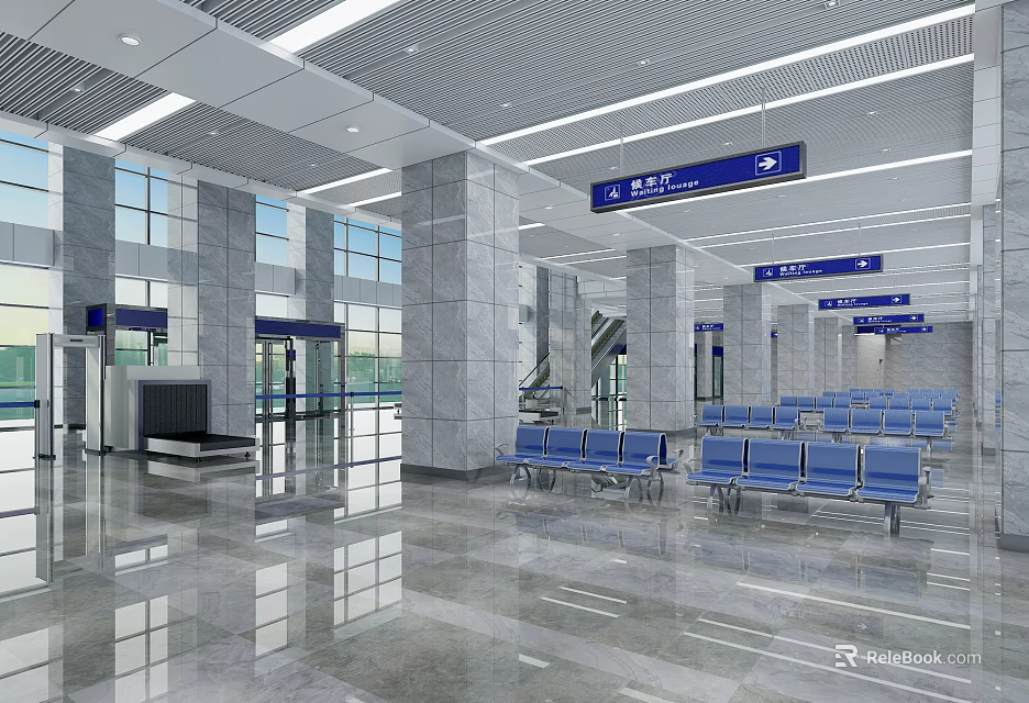 Spacious Service Hall with Marble Floor Blue Seats Columns and Signage 3d model 
