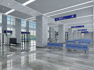 Spacious Service Hall with Marble Floor Blue Seats Columns and Signage 3d model