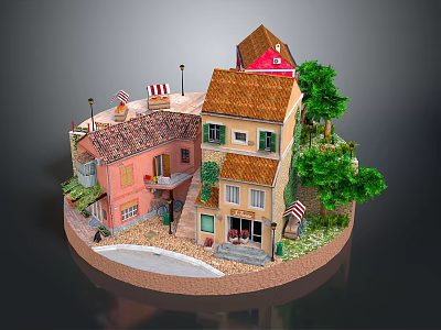 Scenic Miniature Landscape With Colorful Houses Brown Roofs Green Trees And Stone Path 3d model