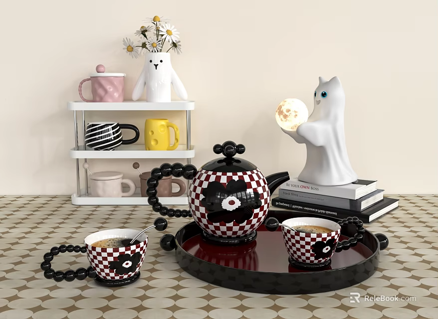 Stylish Checkerboard Tea Set With Tray Cups And Cat Figurine Holding Moon 3d model 