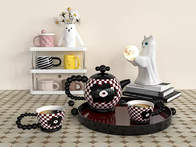 Stylish Checkerboard Tea Set With Tray Cups And Cat Figurine Holding Moon 3d model