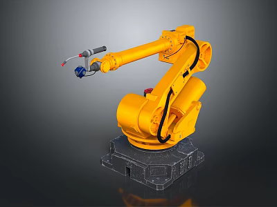Yellow Industrial Robotic Arm With Black Cables And Gray Base For Automation 3d model