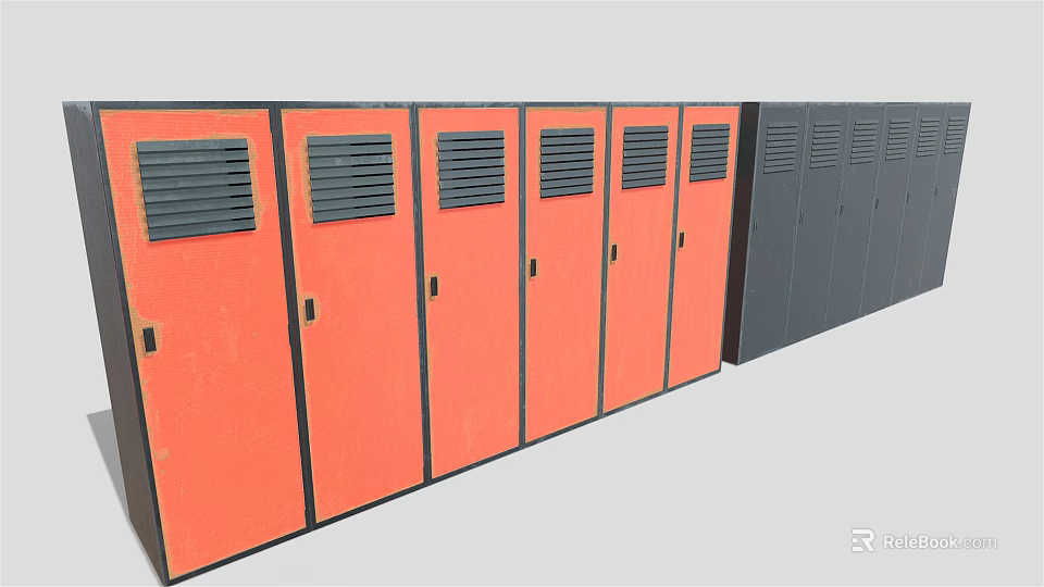 Row of Orange and Dark Gray Lockers with Ventilated Doors and Metal Frames 3d model 