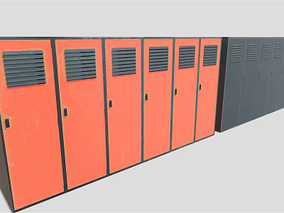 Row of Orange and Dark Gray Lockers with Ventilated Doors and Metal Frames 3d model