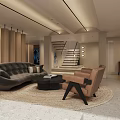 Modern Basement Interior With Sofa Greenery Bar And Large Windows