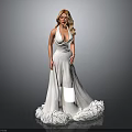 Elegant Woman Wearing White Long Dress With Deep V Neck And Fluffy Hem Against Grey Background