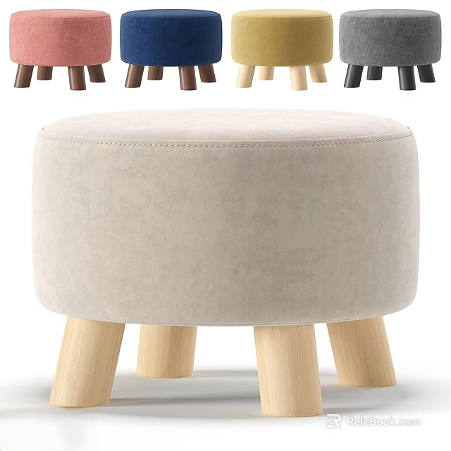 Round Beige Upholstered Stool With Wooden Legs And Multiple Colors 3d model 