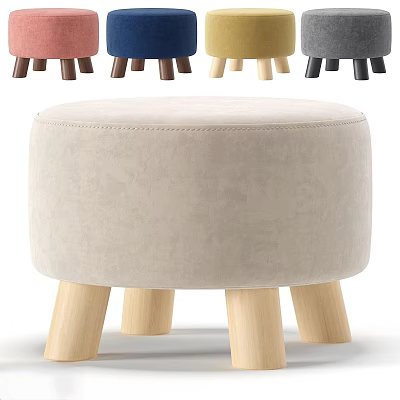 Round Beige Upholstered Stool With Wooden Legs And Multiple Colors 3d model