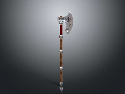 Medieval Battle Axe With Decorative Head Red Wooden Handle And Gold Accents 3d model