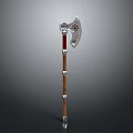 Medieval Battle Axe With Decorative Head Red Wooden Handle And Gold Accents
