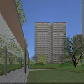 Modern High Rise Residential Building With Green Lawn Trees And Canopy Walkway