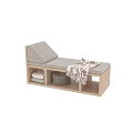 Two Seater Sofa with Wooden Frame Gray Cushion Storage Compartments Draped Striped Blanket and Box
