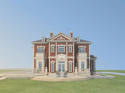 Classical Red Brick Detached Villa With Symmetrical Windows White Trim And Front Lawn 3d model
