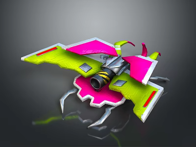 Futuristic Cosmic Spaceship With Green Pink Wings Thruster And Sharp Structures 3d model