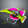Futuristic Cosmic Spaceship With Green Pink Wings Thruster And Sharp Structures