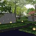 Serene Modern Scenic Wall In Garden With Lush Greenery Tall Trees And Pathway Lights