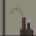 Brown And Black Spiral Vases With Dried Plants On Wooden Stand And Window Blind Shadows