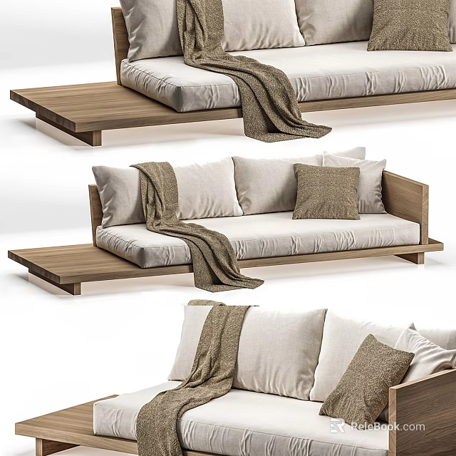 Modern Two Seater Sofa With Wooden Frame Light Beige Cushions Soft Pillows And Throw Blanket 3d model 
