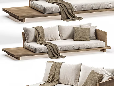Modern Two Seater Sofa With Wooden Frame Light Beige Cushions Soft Pillows And Throw Blanket 3d model