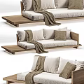 Modern Two Seater Sofa With Wooden Frame Light Beige Cushions Soft Pillows And Throw Blanket