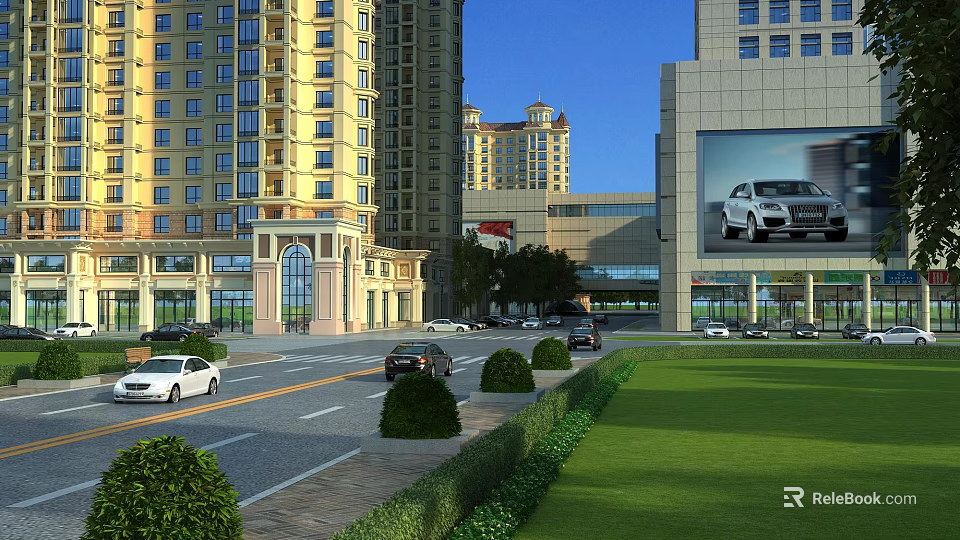Bustling Commercial Street With Tall Commercial Buildings Parked Cars Lush Greenery and Large Billboard 3d model 