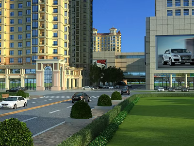 Bustling Commercial Street With Tall Commercial Buildings Parked Cars Lush Greenery and Large Billboard 3d model