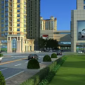 Bustling Commercial Street With Tall Commercial Buildings Parked Cars Lush Greenery and Large Billboard
