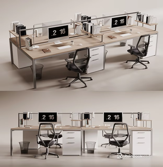 Modern Office Workstation Desk With Computer Monitors Ergonomic Chairs And Drawers 3d model 