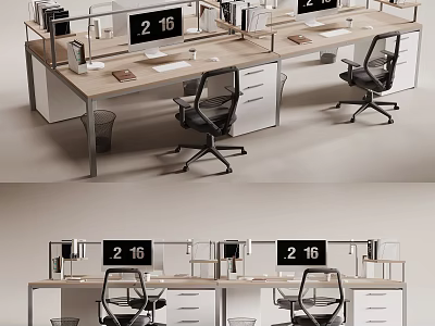 Modern Office Workstation Desk With Computer Monitors Ergonomic Chairs And Drawers 3d model