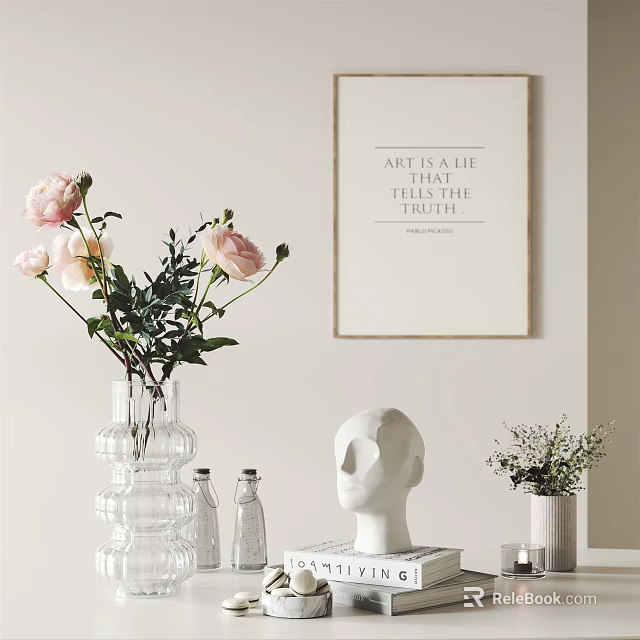 Elegant Decorative Ornament Combination With Pink Flowers Transparent Vase White Head Sculpture And Framed Poster 3d model 