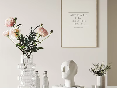 Elegant Decorative Ornament Combination With Pink Flowers Transparent Vase White Head Sculpture And Framed Poster 3d model
