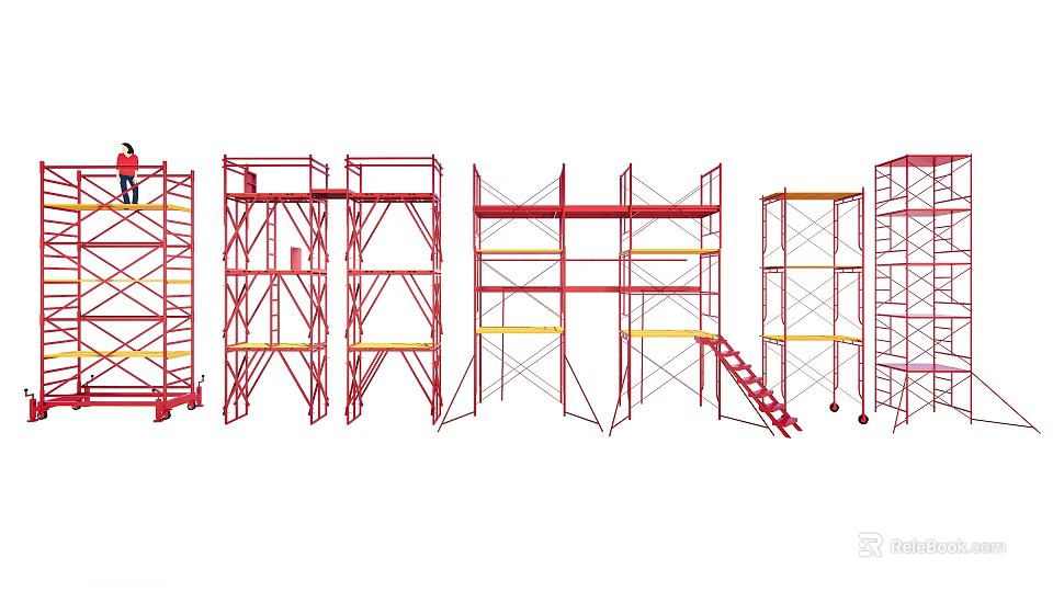 Various Types of Red Mobile Scaffolding Structures With Ladders and Platforms 3d model 