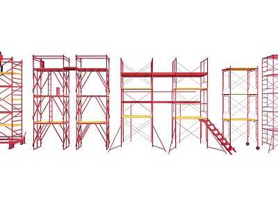 Various Types of Red Mobile Scaffolding Structures With Ladders and Platforms 3d model