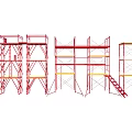 Various Types of Red Mobile Scaffolding Structures With Ladders and Platforms