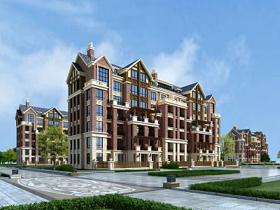 Multi Storey Residential Building With Red Brick And Beige Exterior Balconies Green Lawns And Trees 3d model