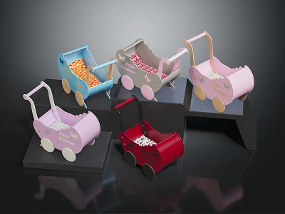 Various Colorful Wooden Baby Strollers With Cute Patterns On Display Stands 3d model