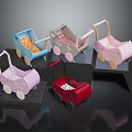 Various Colorful Wooden Baby Strollers With Cute Patterns On Display Stands