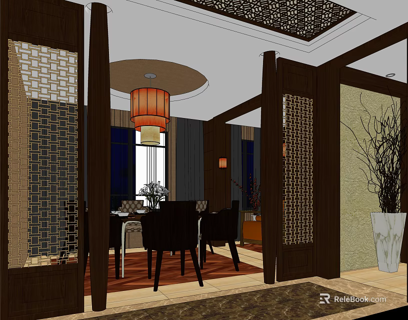 Chinese Style Private Dining Room Interior With Wooden Lattice Screens And Lantern Chandelier 3d model 