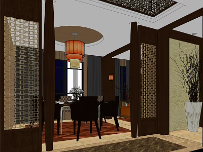 Chinese Style Private Dining Room Interior With Wooden Lattice Screens And Lantern Chandelier 3d model