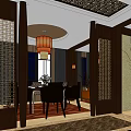 Chinese Style Private Dining Room Interior With Wooden Lattice Screens And Lantern Chandelier