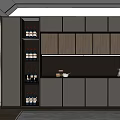 Modern Sideboard with Glass Doors Wooden Cabinets Open Shelf Wine Bottles Decorations Books and Plant