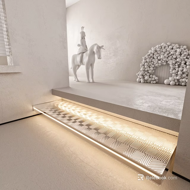 White Wall With Horse Sculpture White Sphere Arch Decor And Geometric Pattern Illuminated Steps 3d model 
