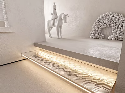White Wall With Horse Sculpture White Sphere Arch Decor And Geometric Pattern Illuminated Steps 3d model