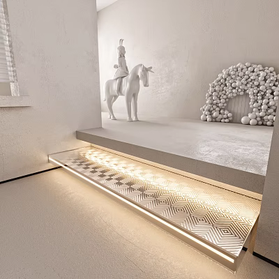 White Wall With Horse Sculpture White Sphere Arch Decor And Geometric Pattern Illuminated Steps 3d model